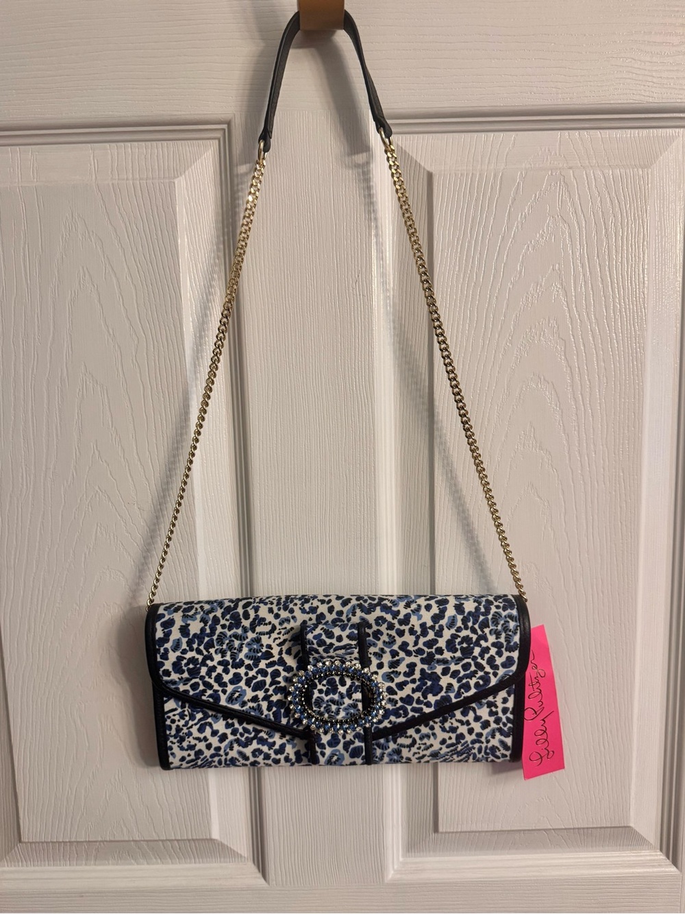 NWT Lilly Pulitzer Resort White Twisted Up Benton Clutch in Blue Leopard
